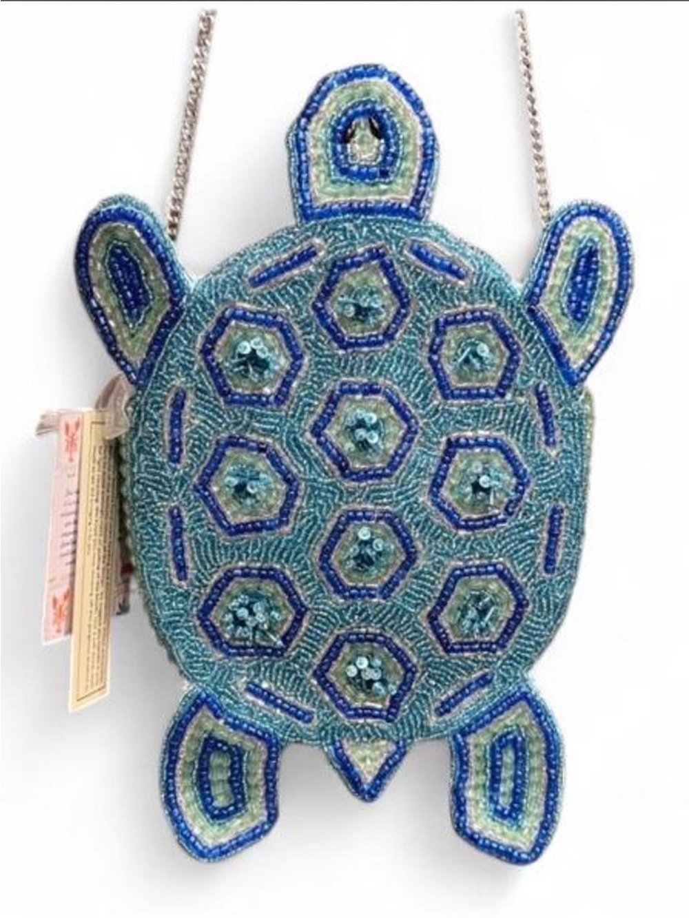 Made in India Blue beaded turtle purse with silver chain strap